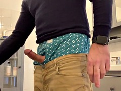 I jerk off my super hard, hard, throbbing cock and cum in the bathroom. Im hanging out in my American Eagle boxers too