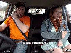 Chubby redhead in public outdoors fucked in the car by a driving tutor