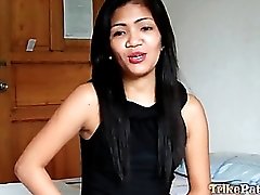 Asian whore in tight black dress sucks cock