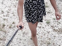 Cute trans in mini dress strips naked in public wearing high heels anal plug and hot tight ass