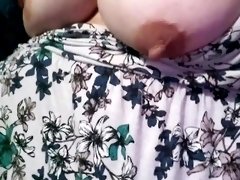 Slutty bbw plays with tits outside