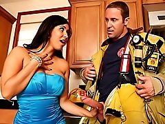 Wife in sexy dress blows fireman