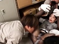Stunning Japanese babe in nylons takes on a gang of cocks