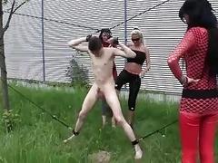 Tied up skinny slave ball busted by freaky sluts BDSM